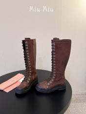 MIUMIU 26S HIGH HIKING BOOTS IN DARK BROWN CALFSKIN
