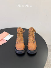 MIUMIU 26S ANKLE MOUNTAIN BOOTS IN CAMEL BROWN CALFSKIN