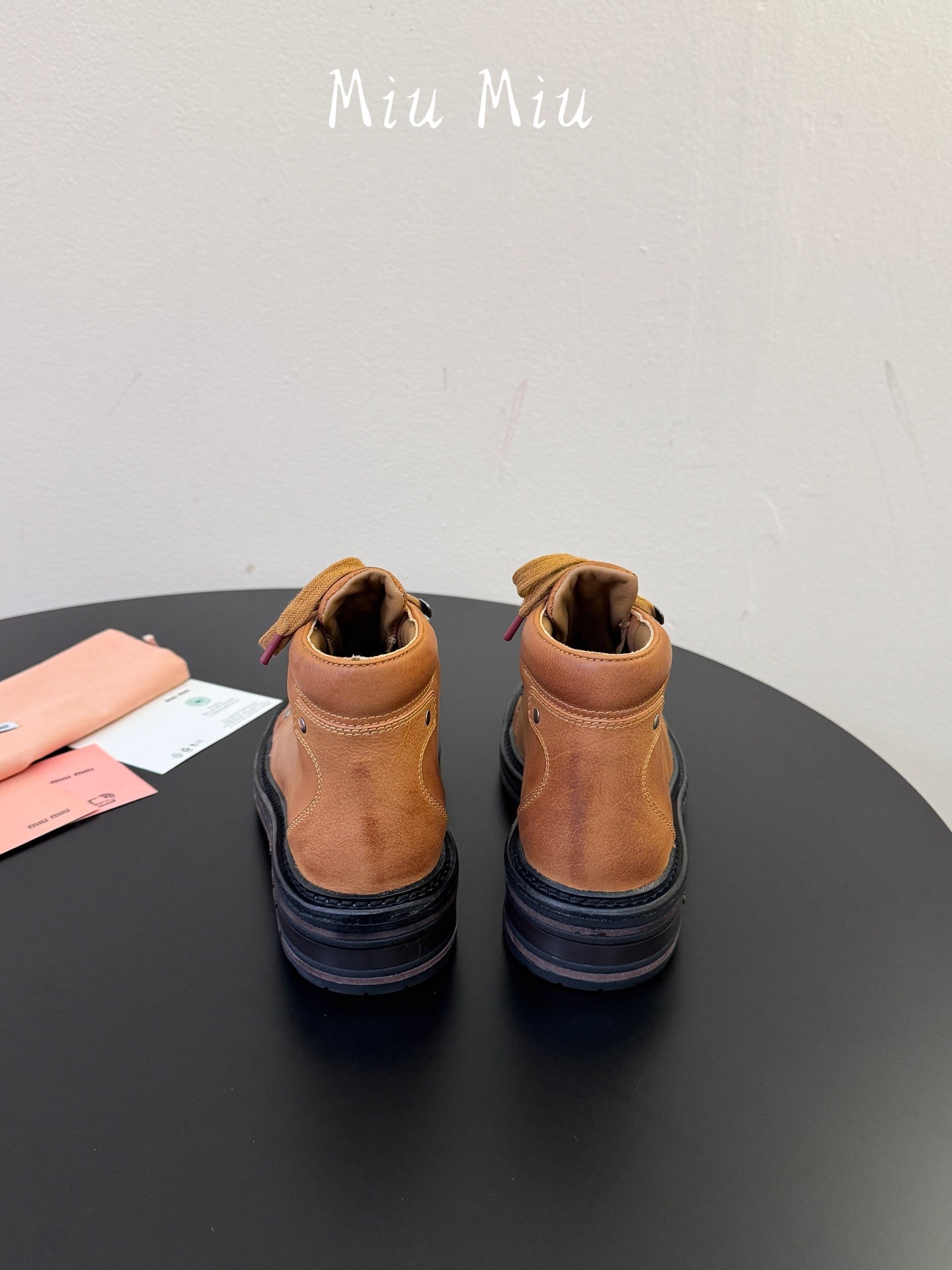 MIUMIU 26S ANKLE MOUNTAIN BOOTS IN CAMEL BROWN CALFSKIN