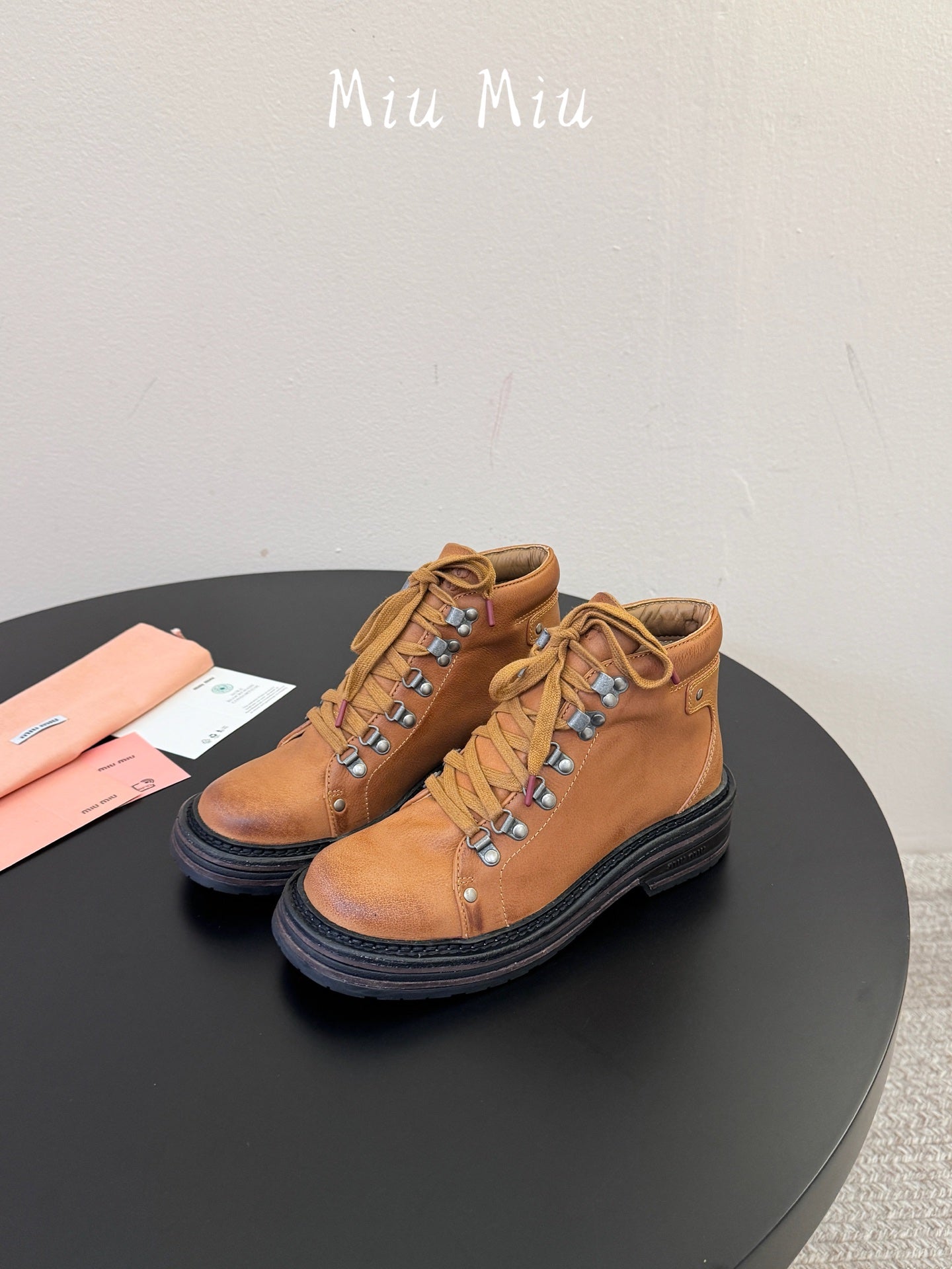 MIUMIU 26S ANKLE MOUNTAIN BOOTS IN CAMEL BROWN CALFSKIN