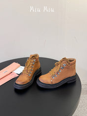 MIUMIU 26S ANKLE MOUNTAIN BOOTS IN CAMEL BROWN CALFSKIN
