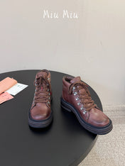 MIUMIU 26S ANKLE MOUNTAIN BOOTS IN DARK BROWN CALFSKIN