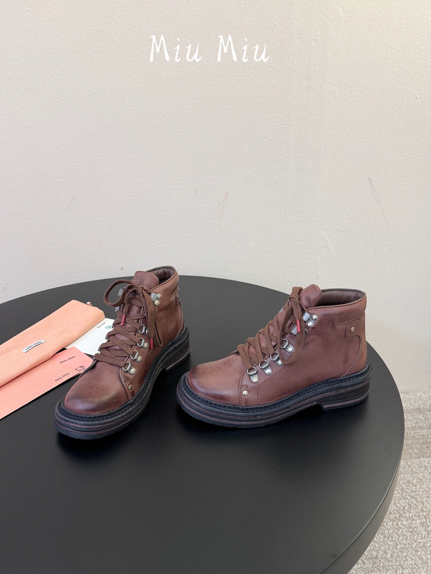 MIUMIU 26S ANKLE MOUNTAIN BOOTS IN DARK BROWN CALFSKIN