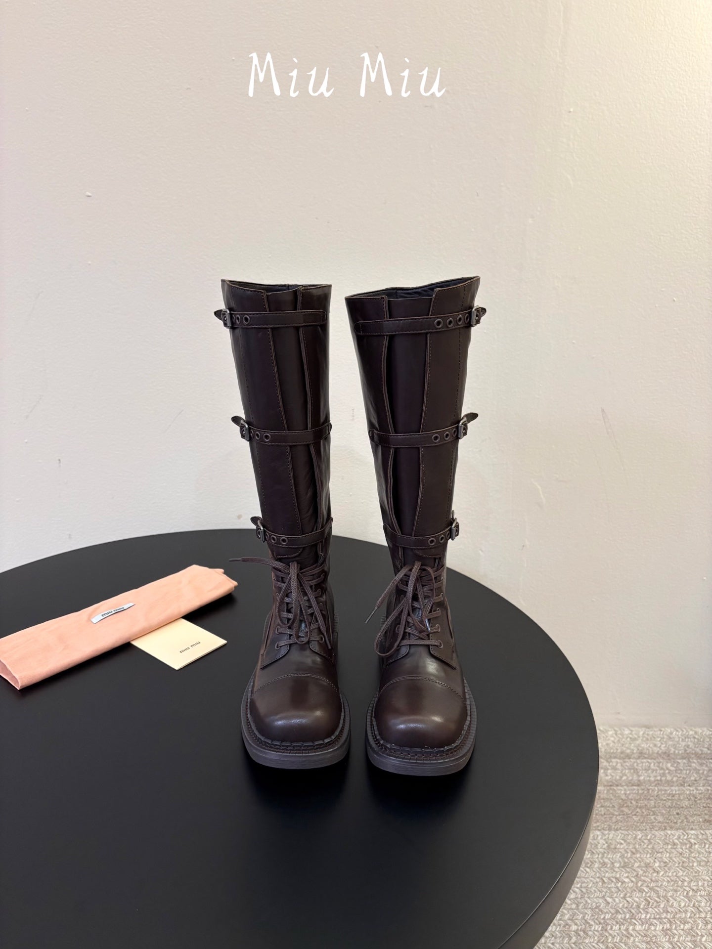 MIUMIU 26S LACE-UP KNEE-HIGH BOOTS IN DARK BROWN CALFSKIN