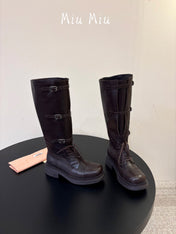 MIUMIU 26S LACE-UP KNEE-HIGH BOOTS IN DARK BROWN CALFSKIN