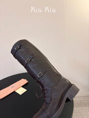 MIUMIU 26S LACE-UP KNEE-HIGH BOOTS IN DARK BROWN CALFSKIN