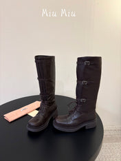 MIUMIU 26S LACE-UP KNEE-HIGH BOOTS IN DARK BROWN CALFSKIN