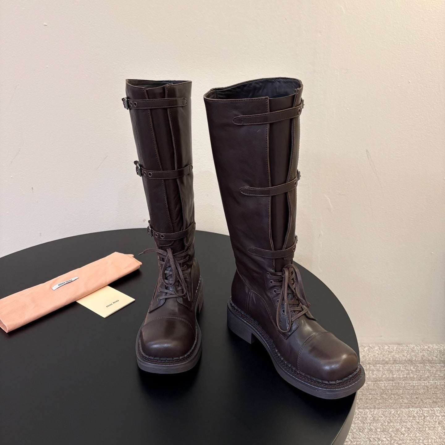 MIUMIU 26S LACE-UP KNEE-HIGH BOOTS IN DARK BROWN CALFSKIN