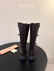 MIUMIU 26S LACE-UP KNEE-HIGH BOOTS IN DARK BROWN CALFSKIN