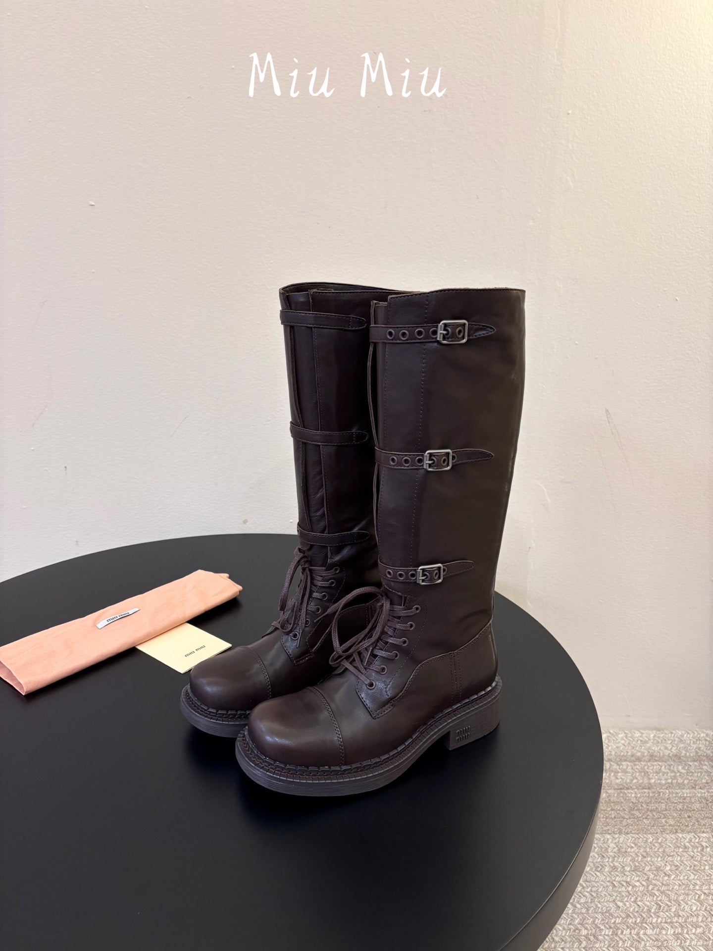 MIUMIU 26S LACE-UP KNEE-HIGH BOOTS IN DARK BROWN CALFSKIN