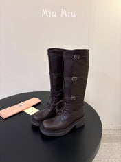 MIUMIU 26S LACE-UP KNEE-HIGH BOOTS IN DARK BROWN CALFSKIN