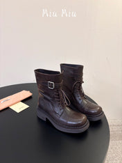 MIUMIU 26S LACE-UP ANKLE BOOTS IN BROWN CALFSKIN