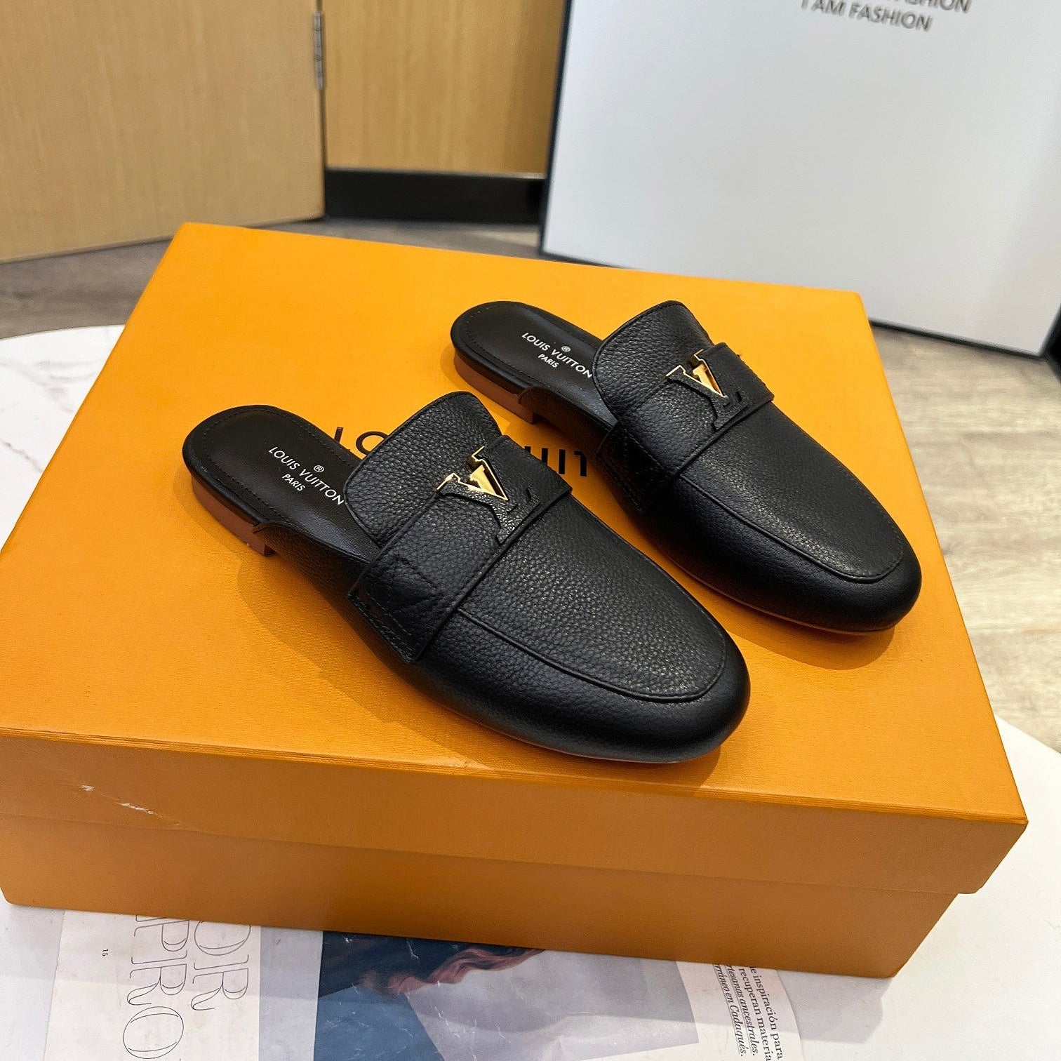 LV 26S MARE OPEN-BACK LOAFERS IN BLACK GRAINED CALFSKIN