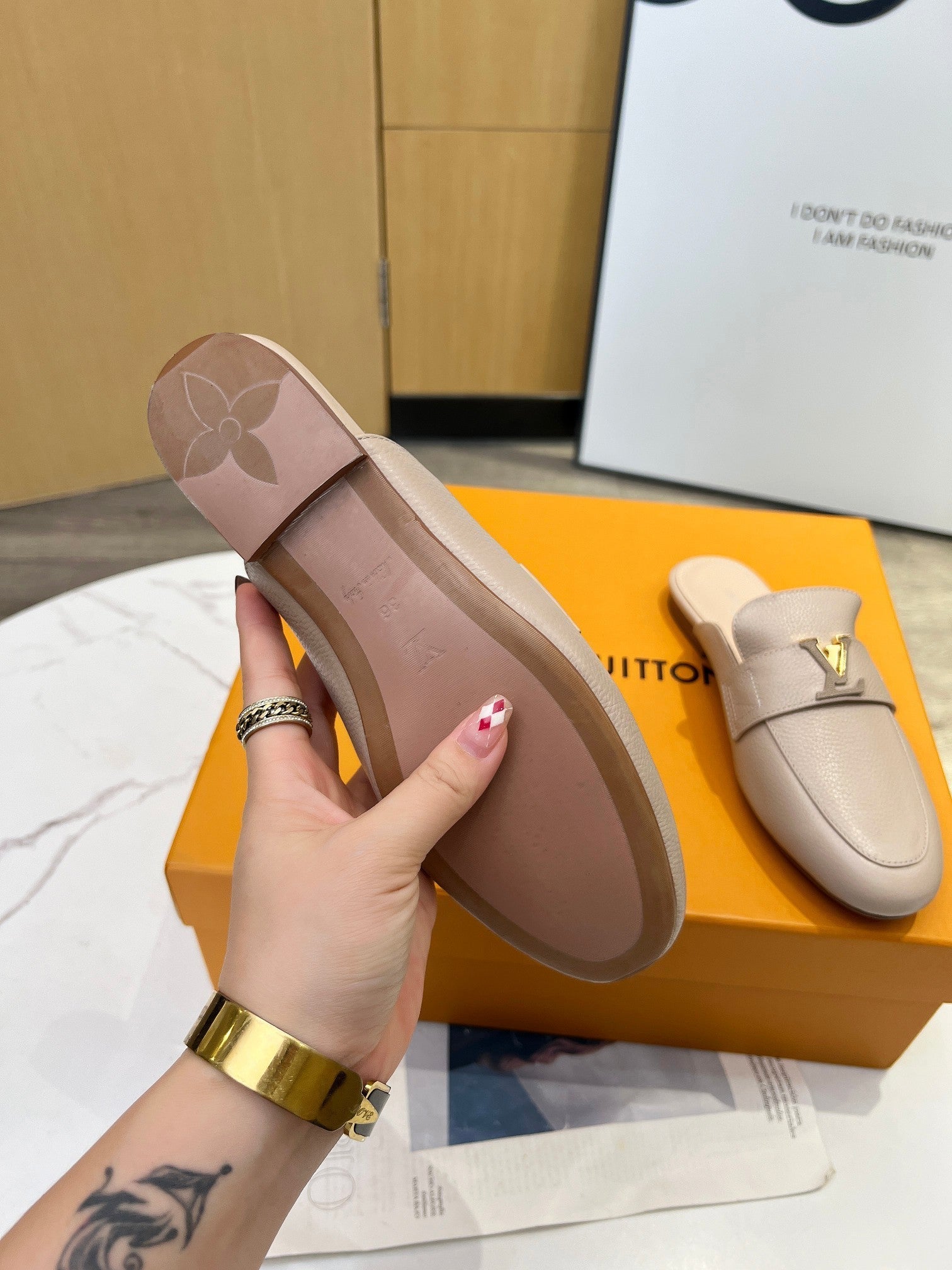LV 26S MARE OPEN-BACK LOAFERS IN BEIGE GRAINED CALFSKIN