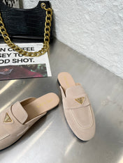 PRADA 26S MULE LOAFERS IN NUDE BEIGE SUEDE WITH LOGO