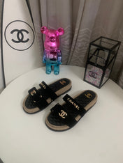 CHANEL 26S SLIDE SANDALS IN BLACK VELVET AND CALFSKIN WITH ROPE SOLE GOLD HARDWARE