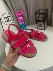 CHANEL 26S STRAPPY SANDALS IN PINK VELVET WITH ROPE SOLE GOLD HARDWARE