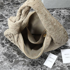 BOTTEGA VENETA 25S SMALL JODIE 48 IN MUTED TAUPE SUEDE GOLD HARDWARE