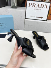 PRA CROSS MULE HEELS IN BLACK CALFSKIN WITH PADDED STRAPS