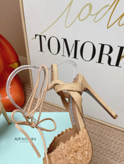 AQUAZZURA 26S LACE-UP HIGH HEEL SANDALS IN BEIGE WOVEN RAFFIA