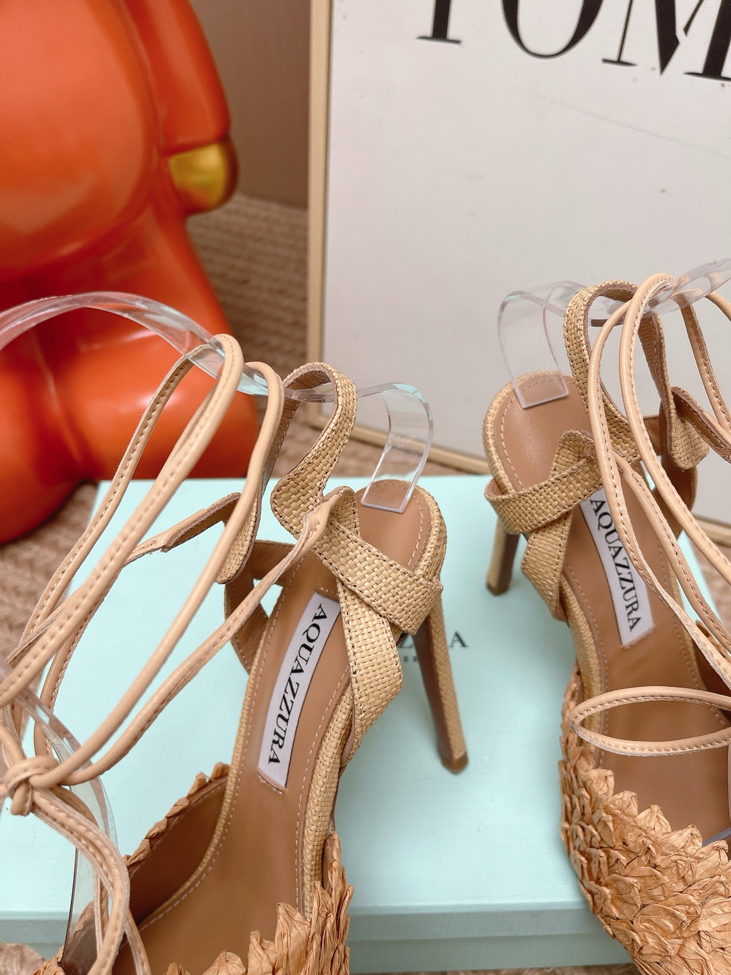 AQUAZZURA 26S LACE-UP HIGH HEEL SANDALS IN BEIGE WOVEN RAFFIA
