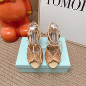AQUAZZURA 26S LACE-UP HIGH HEEL SANDALS IN BEIGE WOVEN RAFFIA