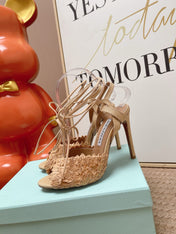 AQUAZZURA 26S LACE-UP HIGH HEEL SANDALS IN BEIGE WOVEN RAFFIA