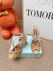 AQUAZZURA 26S LACE-UP HIGH HEEL SANDALS IN BEIGE WOVEN RAFFIA