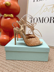 AQUAZZURA 26S LACE-UP HIGH HEEL SANDALS IN BEIGE WOVEN RAFFIA