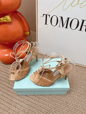 AQUAZZURA 26S LACE-UP HIGH HEEL SANDALS IN BEIGE WOVEN RAFFIA