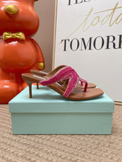 AQUAZZURA 26S STARFISH THONG HEELS IN PINK AND BROWN LAMBSKIN
