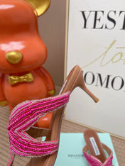 AQUAZZURA 26S STARFISH THONG HEELS IN PINK AND BROWN LAMBSKIN