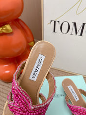 AQUAZZURA 26S STARFISH THONG HEELS IN PINK AND BEIGE LAMBSKIN