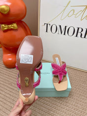 AQUAZZURA 26S STARFISH THONG HEELS IN PINK AND BEIGE LAMBSKIN