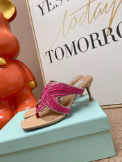 AQUAZZURA 26S STARFISH THONG HEELS IN PINK AND BEIGE LAMBSKIN