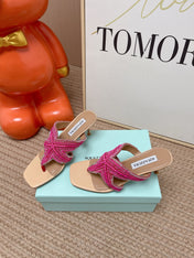 AQUAZZURA 26S STARFISH THONG HEELS IN PINK AND BEIGE LAMBSKIN