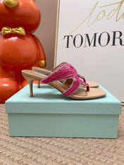 AQUAZZURA 26S STARFISH THONG HEELS IN PINK AND BEIGE LAMBSKIN