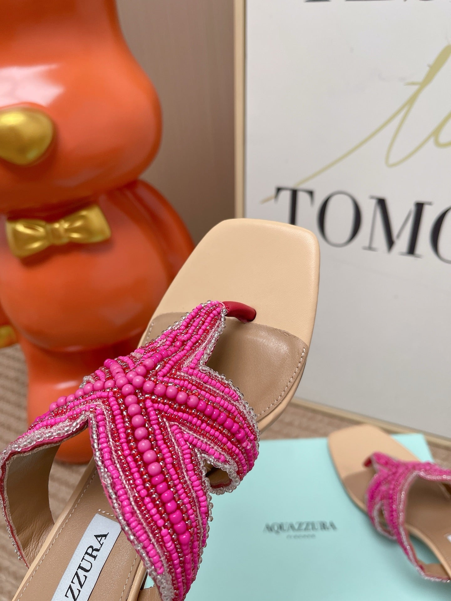 AQUAZZURA 26S STARFISH THONG HEELS IN PINK AND BEIGE LAMBSKIN