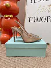 AQUAZZURA 26S POINTED-TOE SLINGBACK 105 MM IN NUDE LEATHER AND MESH CRYSTALS