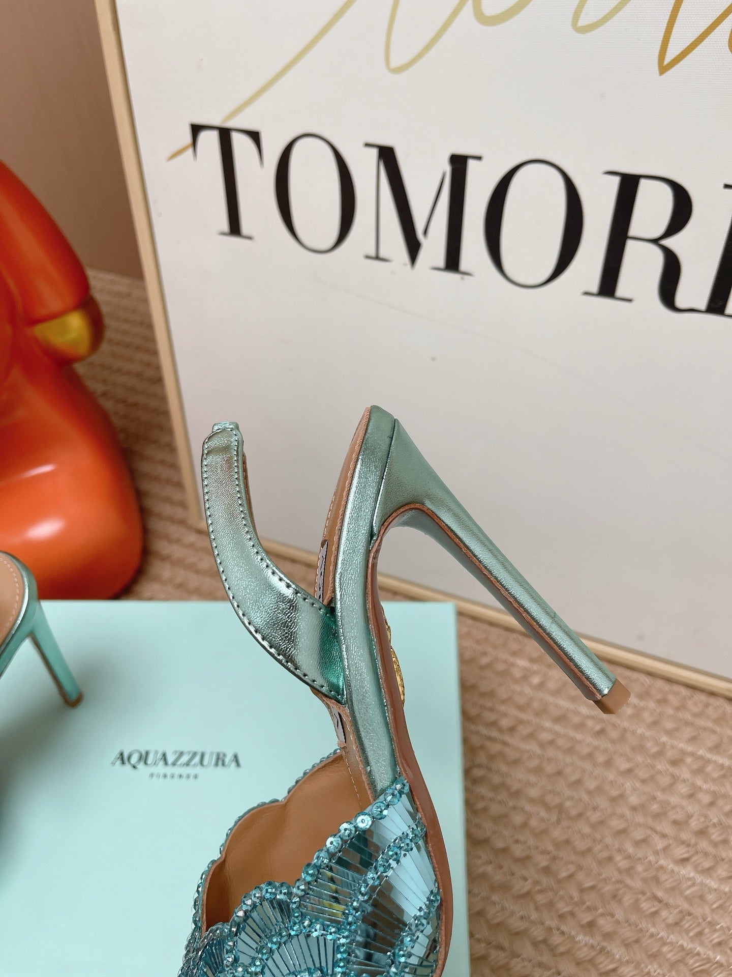 AQUAZZURA 26S GATSBY SLING PUMPS 105 MM IN METALLIC LIGHT BLUE SEQUINED
