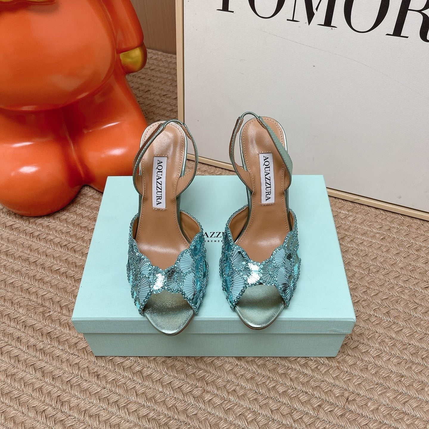 AQUAZZURA 26S GATSBY SLING PUMPS 105 MM IN METALLIC LIGHT BLUE SEQUINED