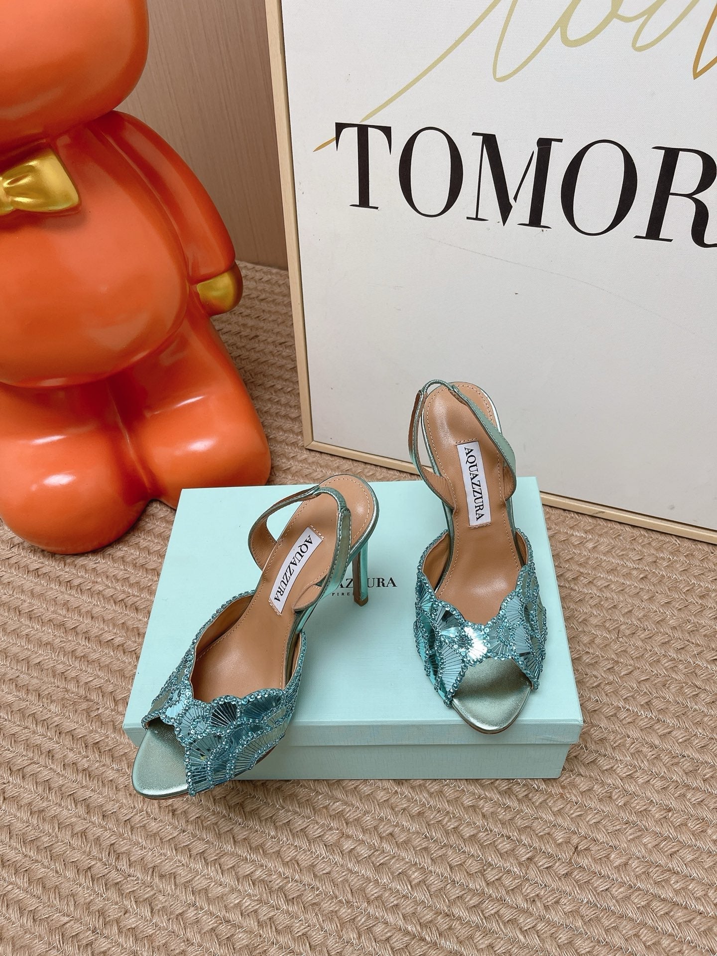 AQUAZZURA 26S GATSBY SLING PUMPS 105 MM IN METALLIC LIGHT BLUE SEQUINED