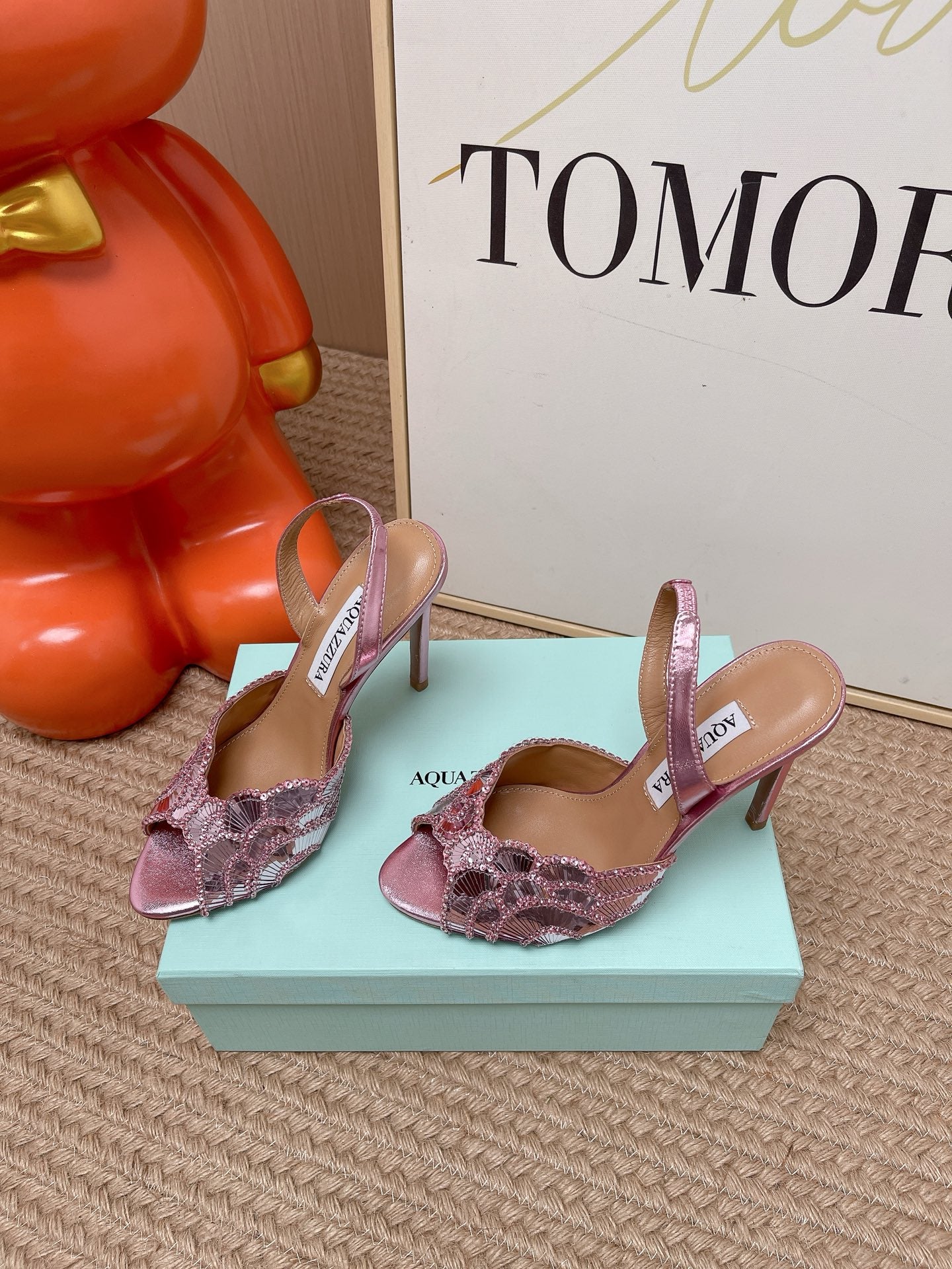 AQUAZZURA 26S GATSBY SLING PUMPS 105 MM IN METALLIC PINK SEQUINED