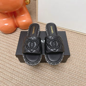 CHANEL 26S WEDGE SANDALS IN BLACK LAMBSKIN