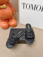 CHANEL 26S WEDGE SANDALS IN BLACK LAMBSKIN