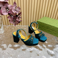 HORSEBIT HIGH-HEEL SANDAL WITH LEOPARD PRINT IN TURQUOISE VELVET AND CALFSKIN LINING