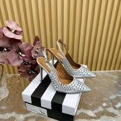 AQUAZZURA 26S SLINGBACK PUMPS 85 MM IN SILVER CALFSKIN WITH CRYSTAL