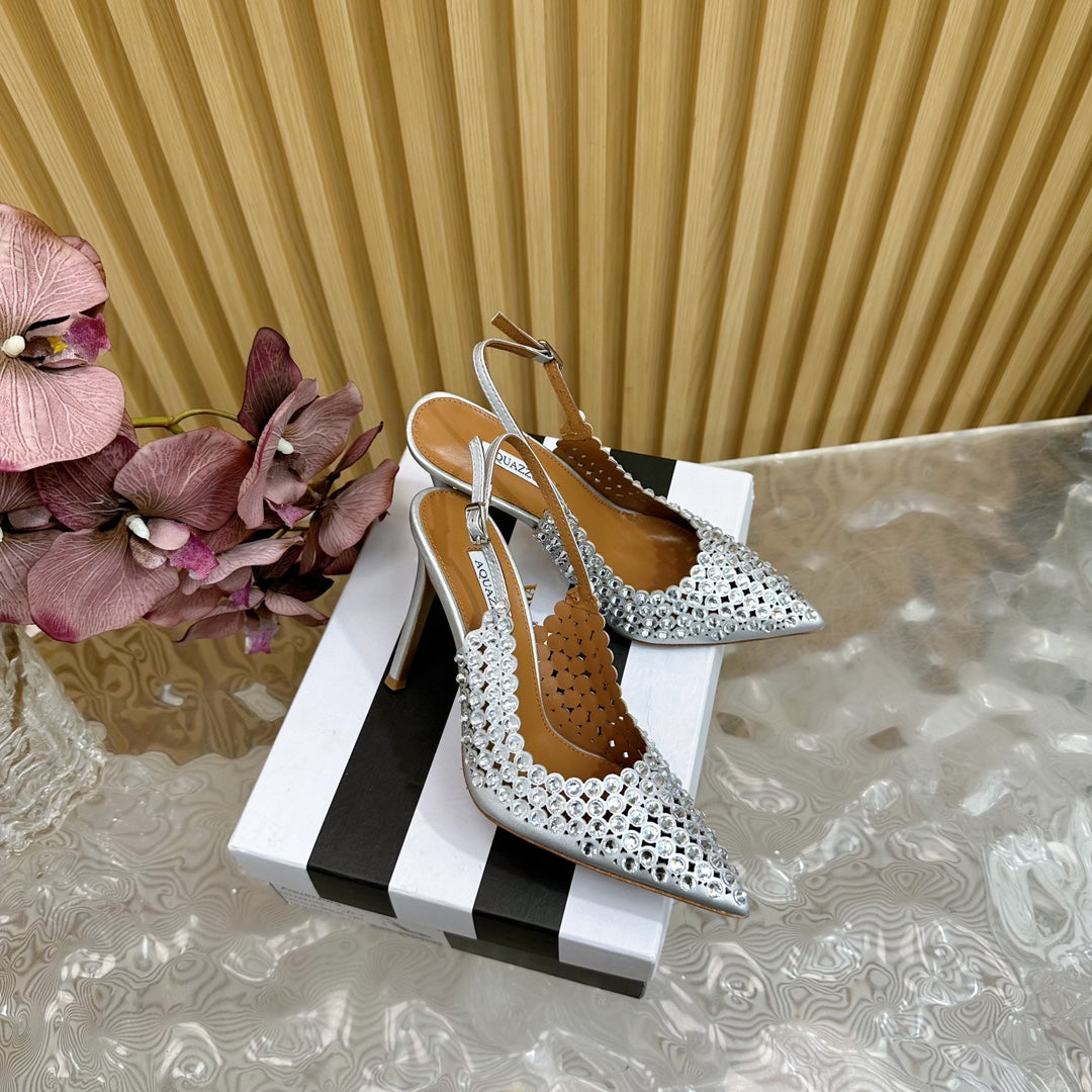AQUAZZURA 26S SLINGBACK PUMPS 85 MM IN SILVER CALFSKIN WITH CRYSTAL