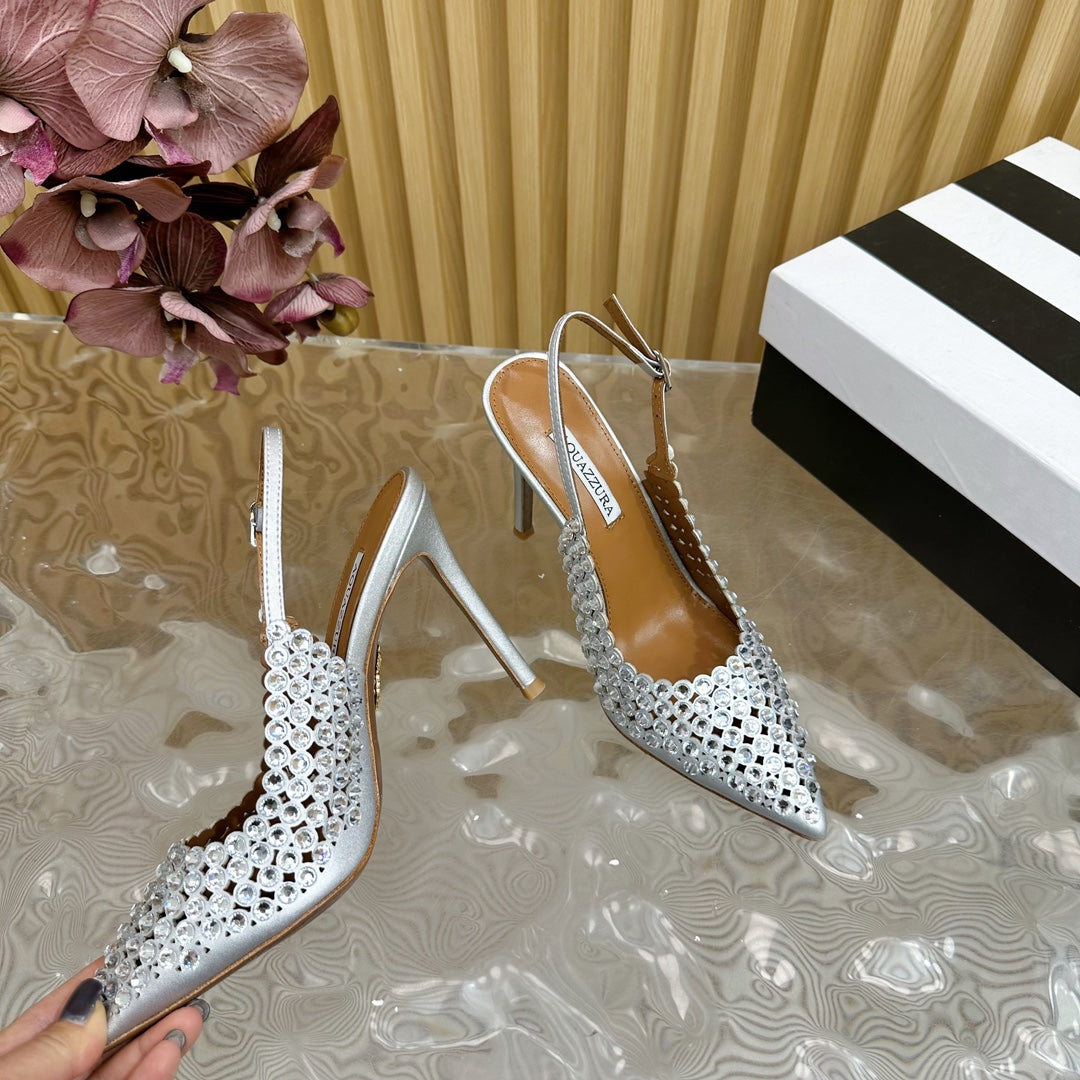 AQUAZZURA 26S SLINGBACK PUMPS 85 MM IN SILVER CALFSKIN WITH CRYSTAL