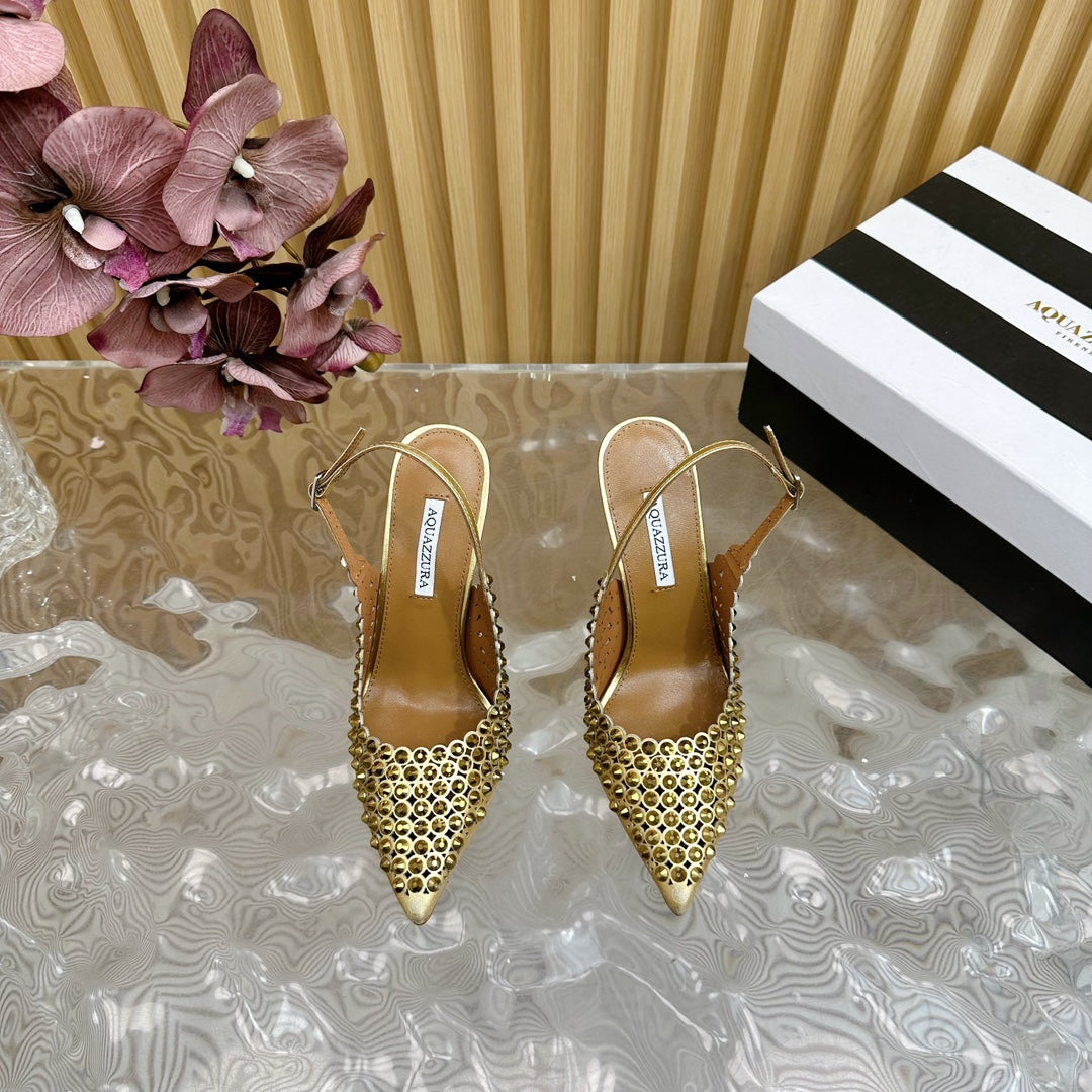 AQUAZZURA 26S SLINGBACK PUMPS 85 MM IN GOLD CALFSKIN WITH CRYSTAL